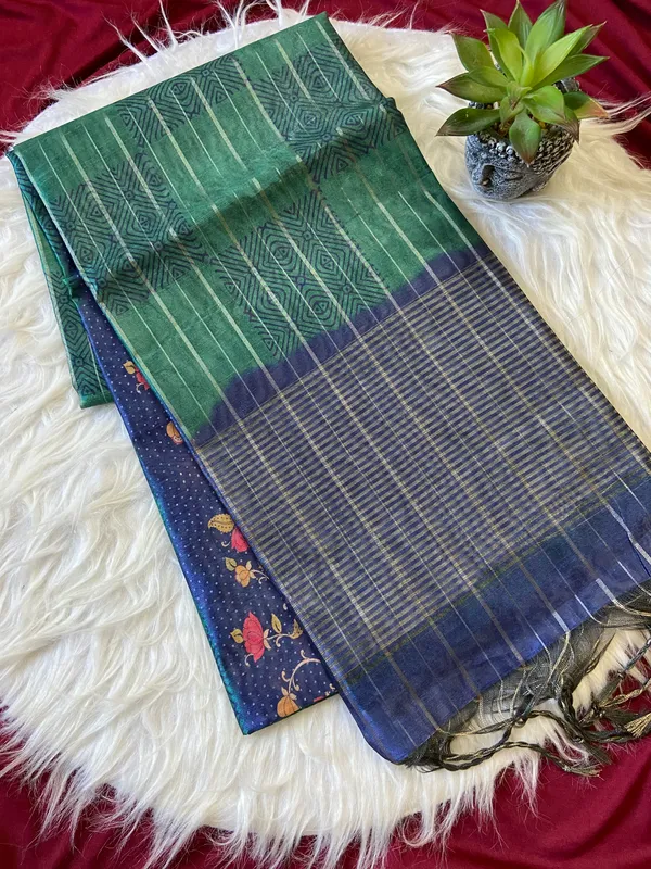 Soft_Semi_Tussar_Silk_sarees_with_Beautiful_Digital_Print_With_Attractive_Border_And_Contrast_Print_Blouse_With_Tassels