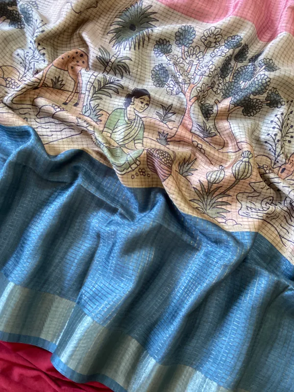 Soft_Tussar_Silk_sarees_with_Beautiful_Digital_Print_With_Attractive_Checks_Design_Saree_And_Digital_Print_Blouse_With_Tassels