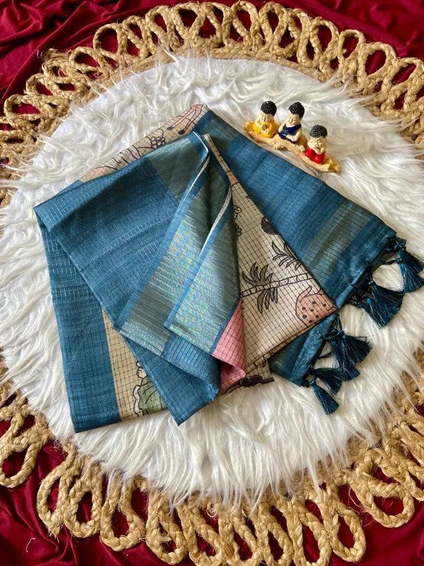Soft_Tussar_Silk_sarees_with_Beautiful_Digital_Print_With_Attractive_Checks_Design_Saree_And_Digital_Print_Blouse_With_Tassels