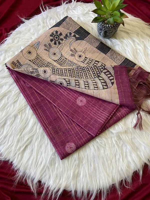 Soft_Semi_Tussar_Silk_sarees_with_Beautiful_Digital_Print_With_Attractive_Border_And_Contrast_Print_Blouse_With_Tassels