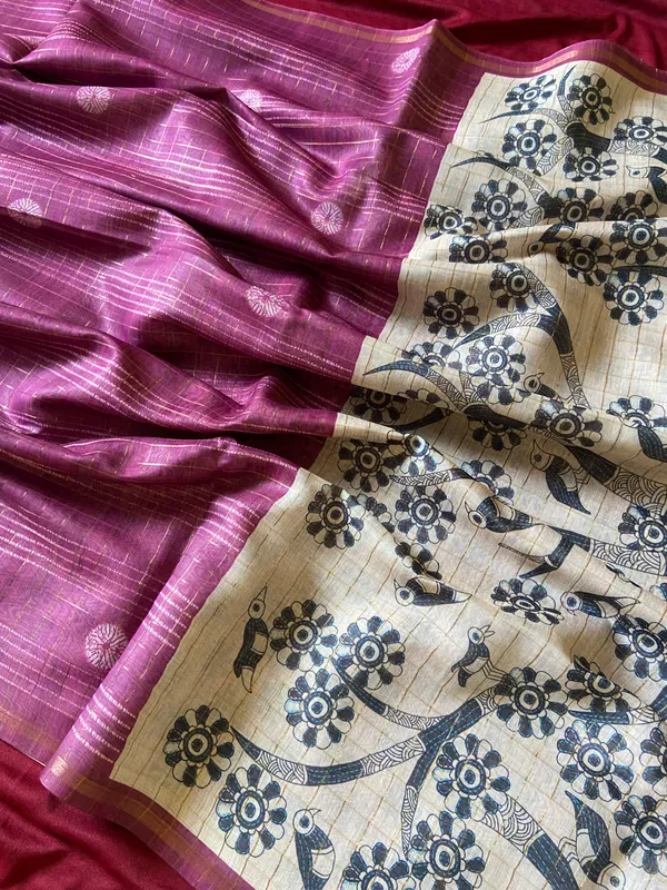 Soft_Semi_Tussar_Silk_sarees_with_Beautiful_Digital_Print_With_Attractive_Border_And_Contrast_Print_Blouse_With_Tassels