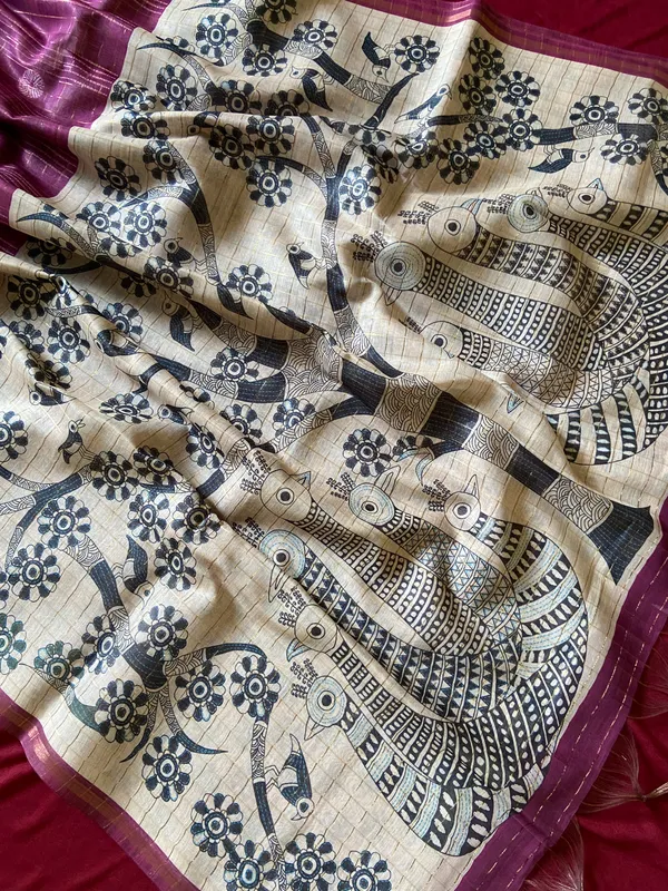 Soft_Semi_Tussar_Silk_sarees_with_Beautiful_Digital_Print_With_Attractive_Border_And_Contrast_Print_Blouse_With_Tassels