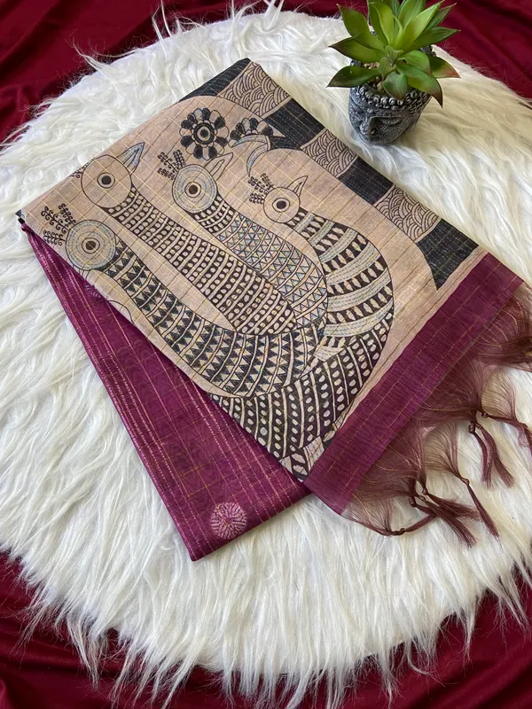 Soft_Semi_Tussar_Silk_sarees_with_Beautiful_Digital_Print_With_Attractive_Border_And_Contrast_Print_Blouse_With_Tassels