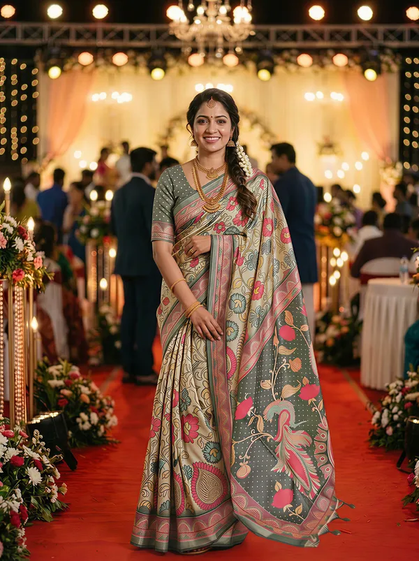 Soft_Tussar_Silk_sarees_with_Beautiful_Digital_Print_With_Attractive_Border_And_Contrast_Print_Blouse_With_Tassels