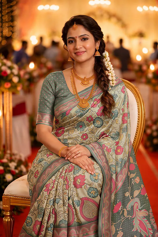 Soft_Tussar_Silk_sarees_with_Beautiful_Digital_Print_With_Attractive_Border_And_Contrast_Print_Blouse_With_Tassels