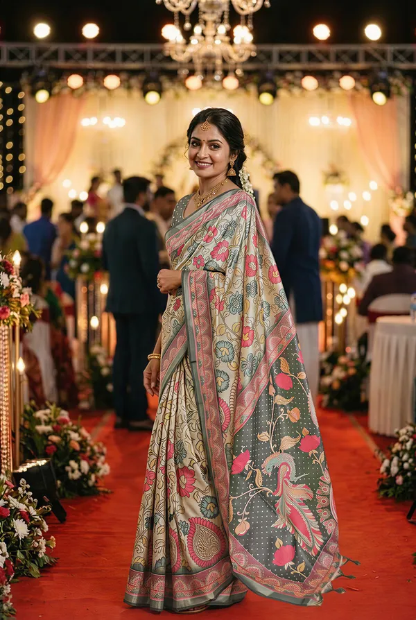 Soft_Tussar_Silk_sarees_with_Beautiful_Digital_Print_With_Attractive_Border_And_Contrast_Print_Blouse_With_Tassels