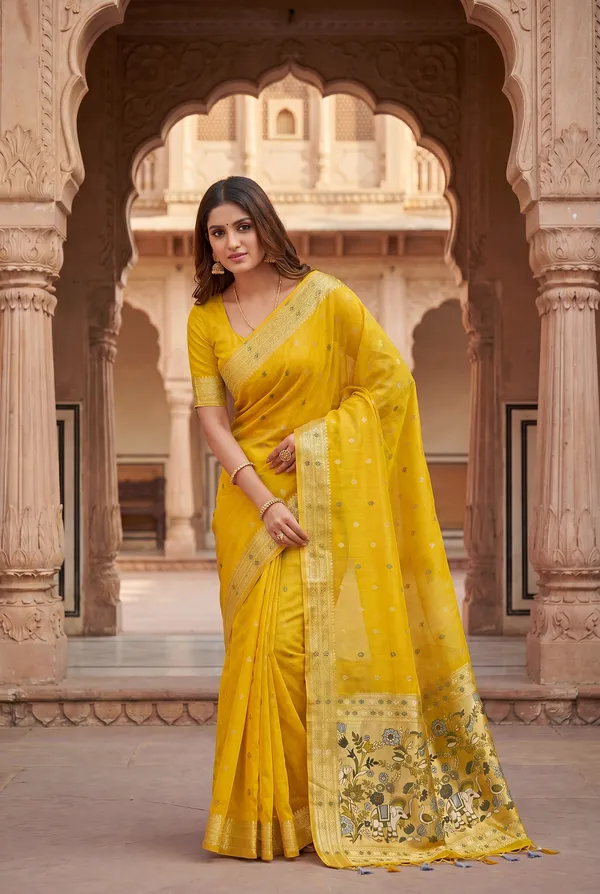 Premium_Soft_Muga_Cotton_Paithani_sarees_with_Beautiful_colourfull_3D_Woven_Elephant_Design_Pallu_With_Attractive_All_Over_Resham_Weaving_Butti_Design_With_Zari_Weaving_Border_And_Resham_Weaving_Butti_Blouse_With_Fancy_Tassels