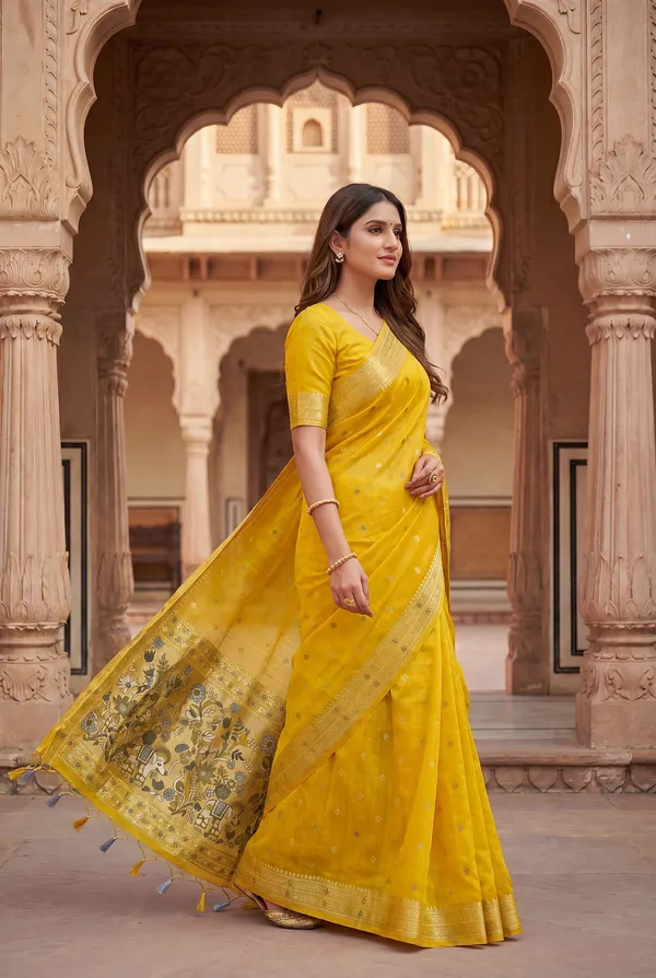 Premium_Soft_Muga_Cotton_Paithani_sarees_with_Beautiful_colourfull_3D_Woven_Elephant_Design_Pallu_With_Attractive_All_Over_Resham_Weaving_Butti_Design_With_Zari_Weaving_Border_And_Resham_Weaving_Butti_Blouse_With_Fancy_Tassels