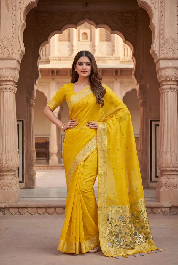 Premium_Soft_Muga_Cotton_Paithani_sarees_with_Beautiful_colourfull_3D_Woven_Elephant_Design_Pallu_With_Attractive_All_Over_Resham_Weaving_Butti_Design_With_Zari_Weaving_Border_And_Resham_Weaving_Butti_Blouse_With_Fancy_Tassels