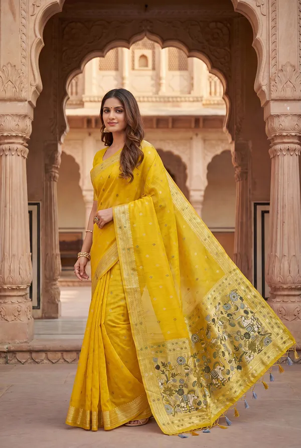 Premium_Soft_Muga_Cotton_Paithani_sarees_with_Beautiful_colourfull_3D_Woven_Elephant_Design_Pallu_With_Attractive_All_Over_Resham_Weaving_Butti_Design_With_Zari_Weaving_Border_And_Resham_Weaving_Butti_Blouse_With_Fancy_Tassels