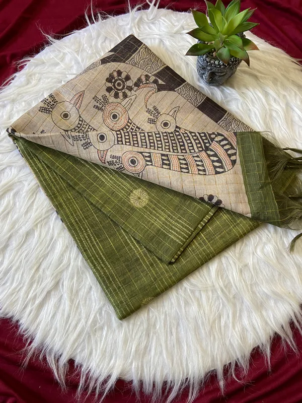 Soft_Semi_Tussar_Silk_sarees_with_Beautiful_Digital_Print_With_Attractive_Border_And_Contrast_Print_Blouse_With_Tassels