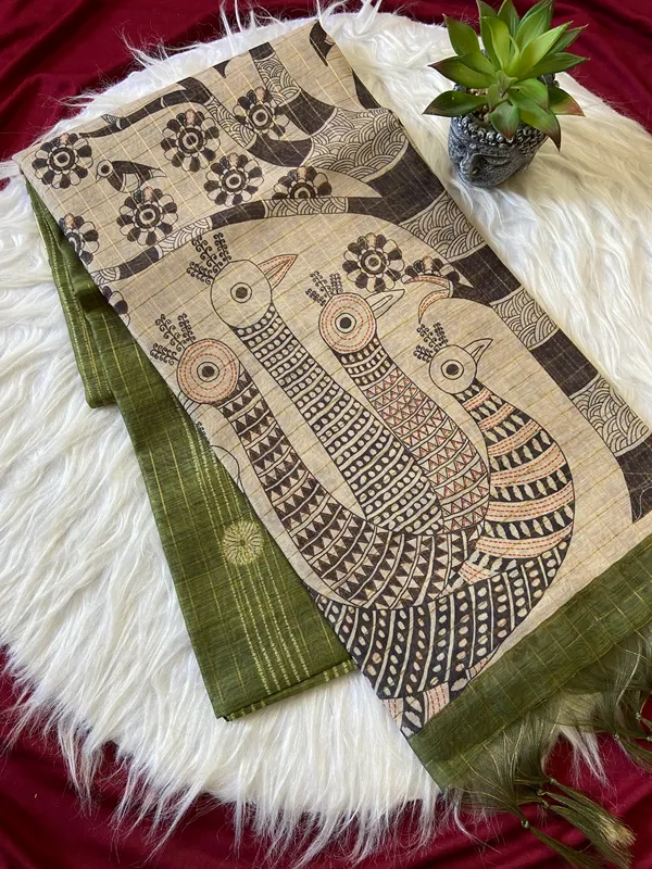 Soft_Semi_Tussar_Silk_sarees_with_Beautiful_Digital_Print_With_Attractive_Border_And_Contrast_Print_Blouse_With_Tassels