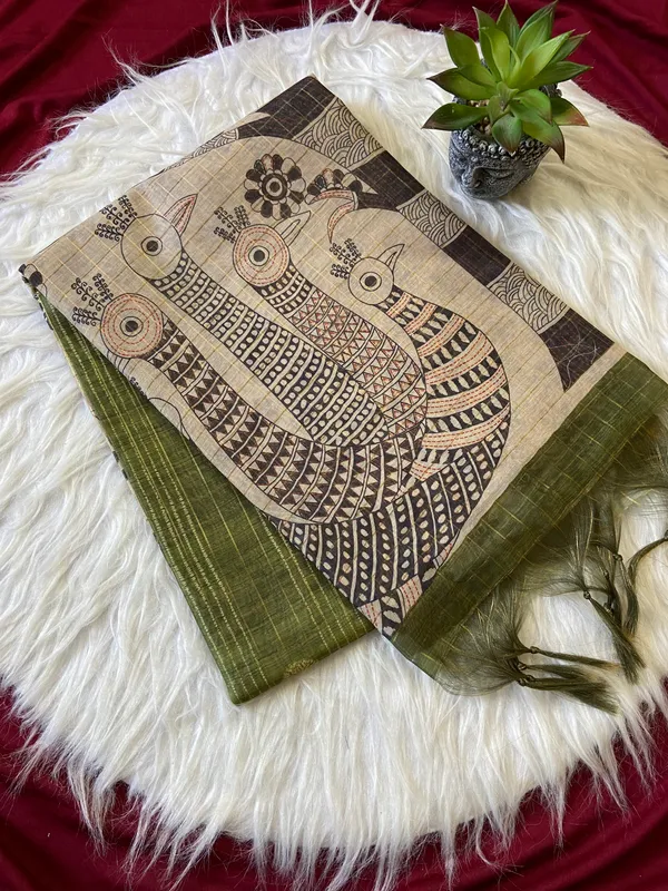Soft_Semi_Tussar_Silk_sarees_with_Beautiful_Digital_Print_With_Attractive_Border_And_Contrast_Print_Blouse_With_Tassels