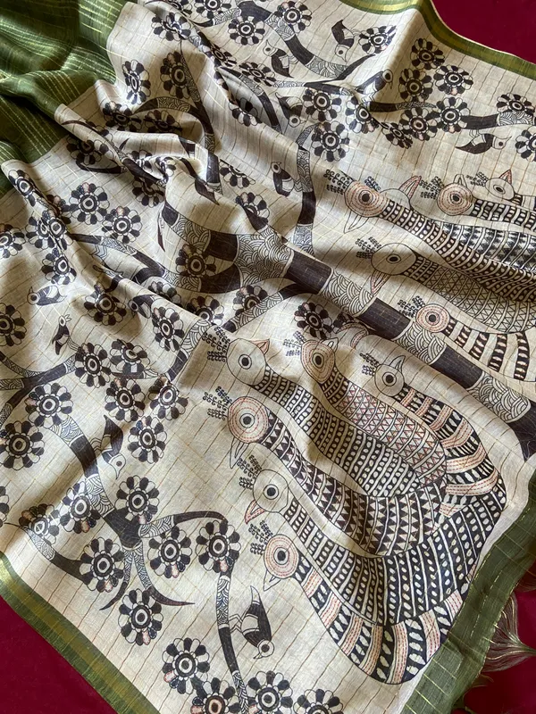 Soft_Semi_Tussar_Silk_sarees_with_Beautiful_Digital_Print_With_Attractive_Border_And_Contrast_Print_Blouse_With_Tassels