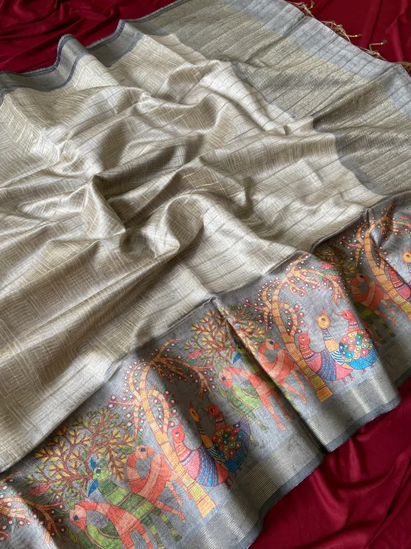Soft_Semi_Tussar_Silk_sarees_with_Beautiful_Digital_Print_With_Attractive_Border_And_Contrast_Print_Blouse_With_Tassels