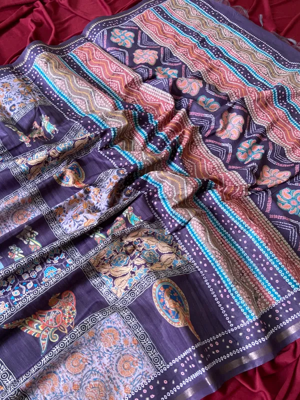 Soft_Tussar_Silk_sarees_with_Beautiful_Digital_Print_With_Attractive_Border_And_Contrast_Print_Blouse_With_Tassels