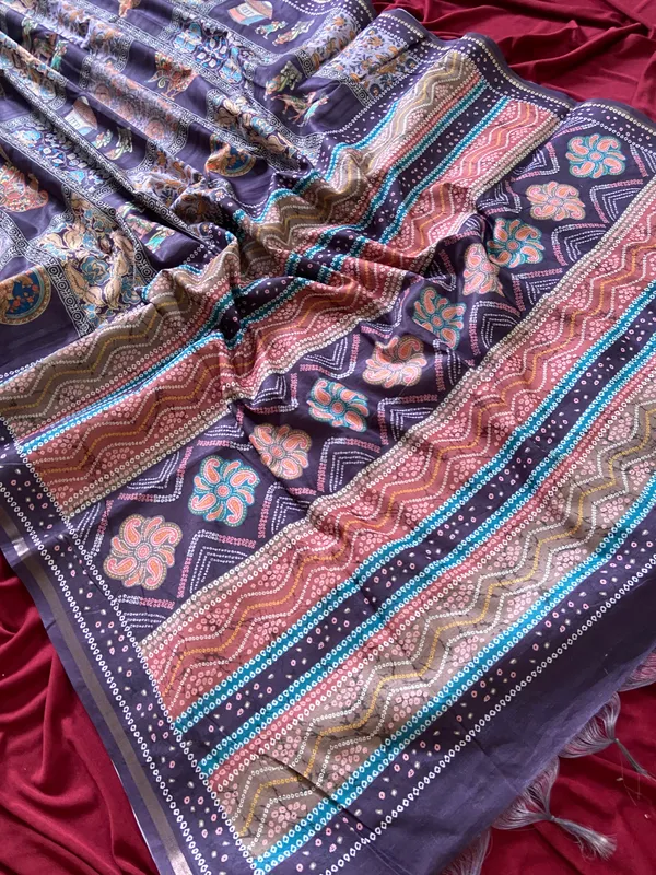 Soft_Tussar_Silk_sarees_with_Beautiful_Digital_Print_With_Attractive_Border_And_Contrast_Print_Blouse_With_Tassels