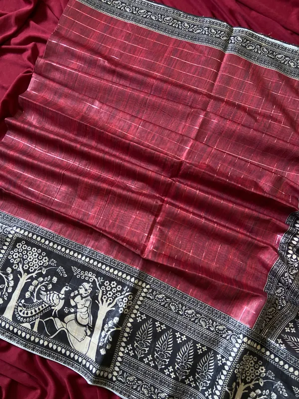 Soft_Semi_Tussar_Silk_sarees_with_Beautiful_Digital_Print_With_Attractive_Border_And_Contrast_Print_Blouse_With_Tassels