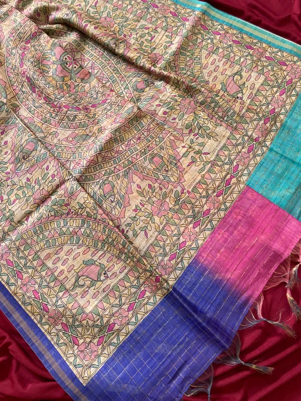 Soft_Semi_Tussar_Silk_sarees_with_Beautiful_Digital_Print_With_Attractive_Border_And_Contrast_Print_Blouse_With_Tassels