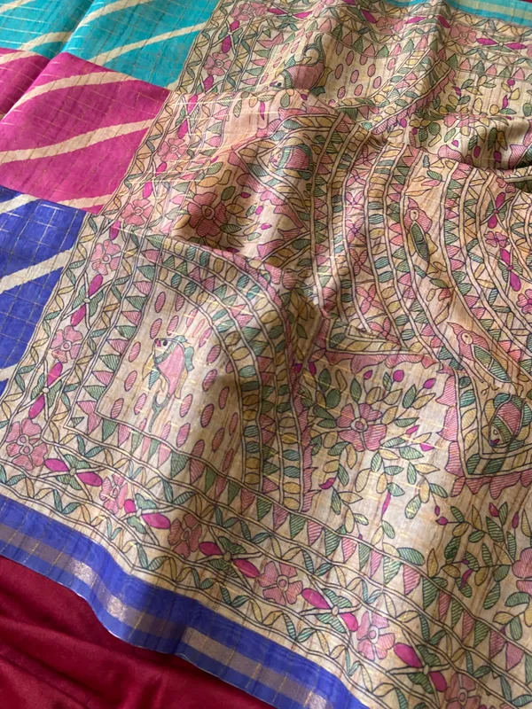 Soft_Semi_Tussar_Silk_sarees_with_Beautiful_Digital_Print_With_Attractive_Border_And_Contrast_Print_Blouse_With_Tassels