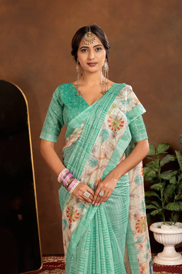 Soft_Semi_Tussar_Silk_sarees_with_Beautiful_Digital_Print_With_Attractive_Border_And_Contrast_Print_Blouse_With_Tassels