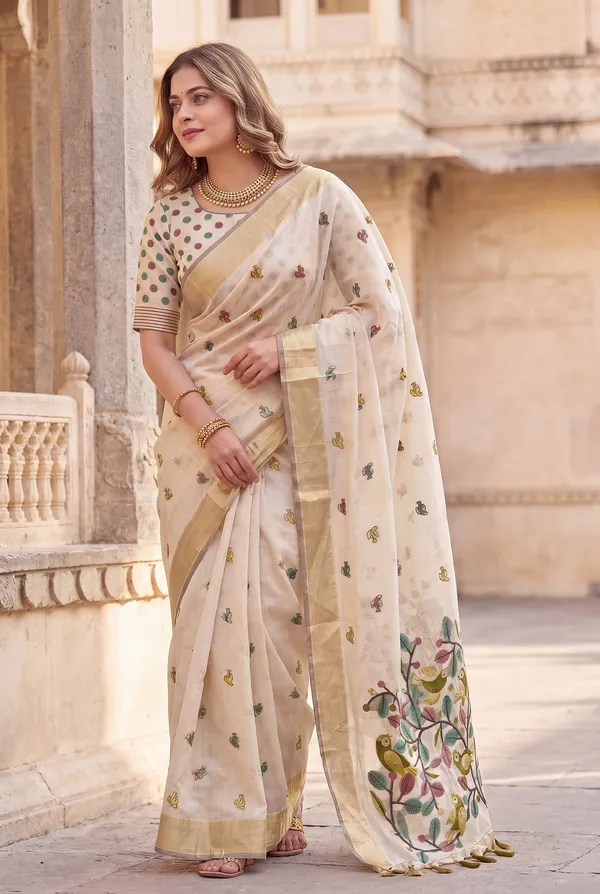 Premium_Soft_Muga_Cotton_sarees_with_Beautiful_?Colourfull_Resham_Weaving_Pallu_With_Attractive_Traditional_Zari_Weaving_Border_With_All_Over_Resham_Weaving_Birds_Design_And_Resham_Weaving_Butti_Blouse_With_Fancy_Tassels