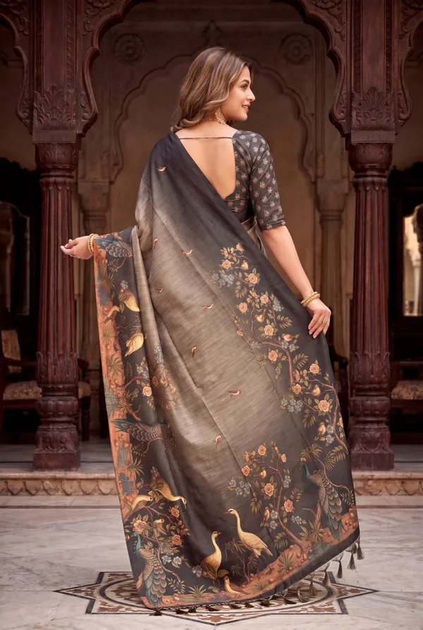 Soft_Tussar_Silk_sarees_with_Beautiful_Digital_Print_With_Attractive_Jungle_Theme_Design_And_Digital_Print_Blouse_With_Tassels
