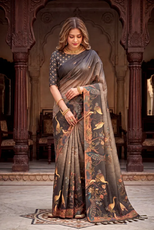 Soft_Tussar_Silk_sarees_with_Beautiful_Digital_Print_With_Attractive_Jungle_Theme_Design_And_Digital_Print_Blouse_With_Tassels