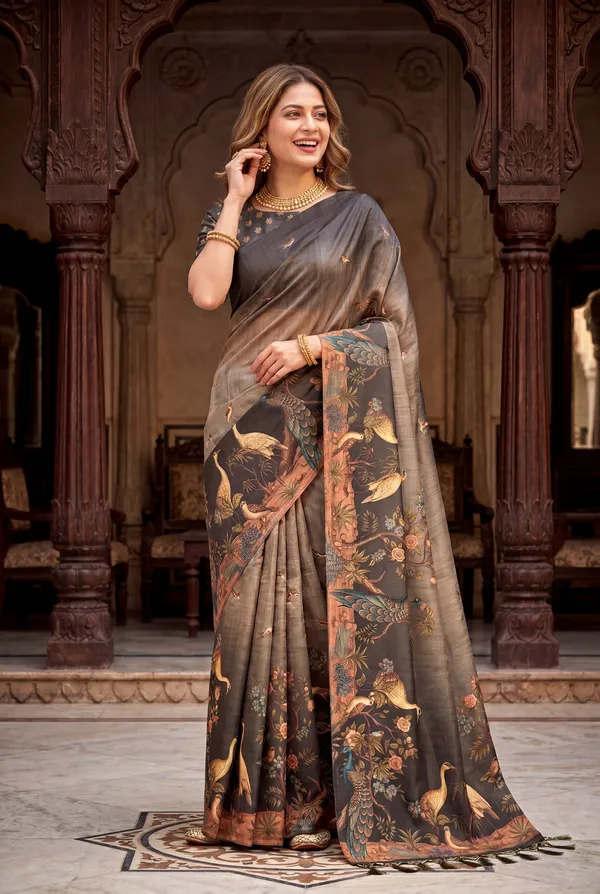 Soft_Tussar_Silk_sarees_with_Beautiful_Digital_Print_With_Attractive_Jungle_Theme_Design_And_Digital_Print_Blouse_With_Tassels