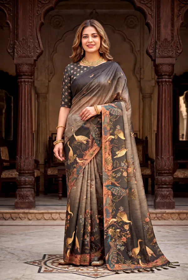 Soft_Tussar_Silk_sarees_with_Beautiful_Digital_Print_With_Attractive_Jungle_Theme_Design_And_Digital_Print_Blouse_With_Tassels