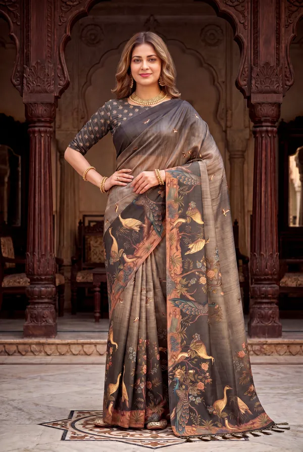 Soft_Tussar_Silk_sarees_with_Beautiful_Digital_Print_With_Attractive_Jungle_Theme_Design_And_Digital_Print_Blouse_With_Tassels