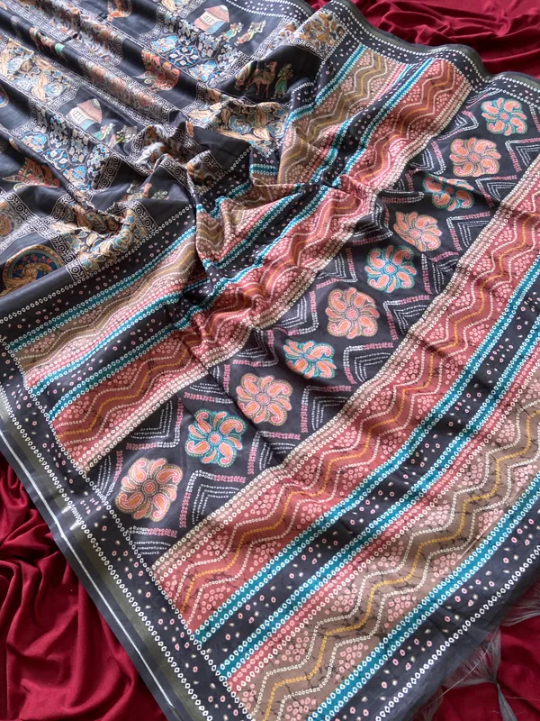 Soft_Tussar_Silk_sarees_with_Beautiful_Digital_Print_With_Attractive_Border_And_Contrast_Print_Blouse_With_Tassels