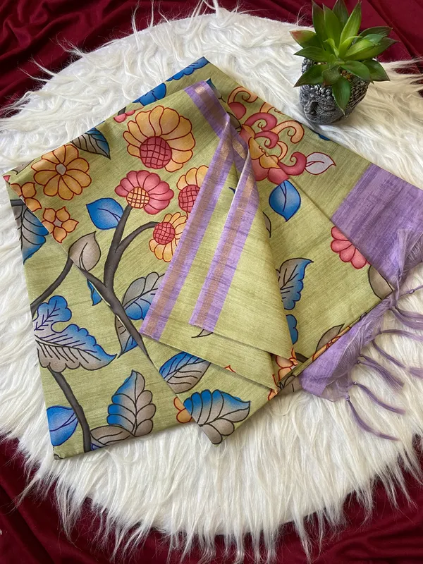 Soft_Tussar_Silk_sarees_with_Beautiful_Srikalahasti_Style_Of_Kalamkari_Print_With_Attractive_Border_And_Contrast_Print_Blouse_With_Tassels