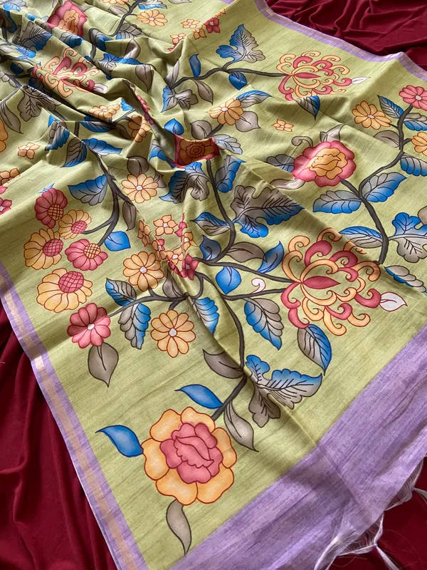 Soft_Tussar_Silk_sarees_with_Beautiful_Srikalahasti_Style_Of_Kalamkari_Print_With_Attractive_Border_And_Contrast_Print_Blouse_With_Tassels