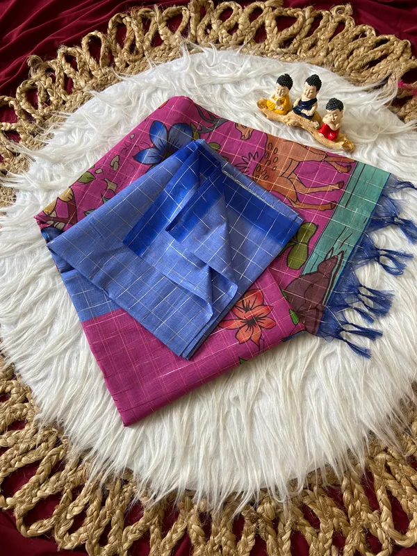 Soft_Semi_Tussar_Silk_sarees_with_Beautiful_Digital_Print_With_Attractive_Border_And_Contrast_Print_Blouse_With_Tassels