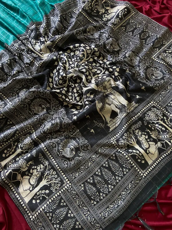 Soft_Semi_Tussar_Silk_sarees_with_Beautiful_Digital_Print_With_Attractive_Border_And_Contrast_Print_Blouse_With_Tassels