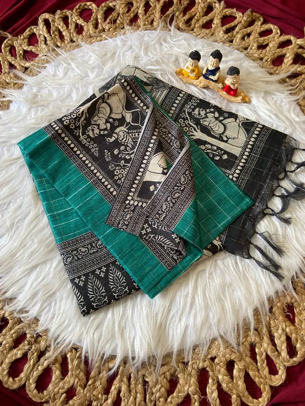 Soft_Semi_Tussar_Silk_sarees_with_Beautiful_Digital_Print_With_Attractive_Border_And_Contrast_Print_Blouse_With_Tassels