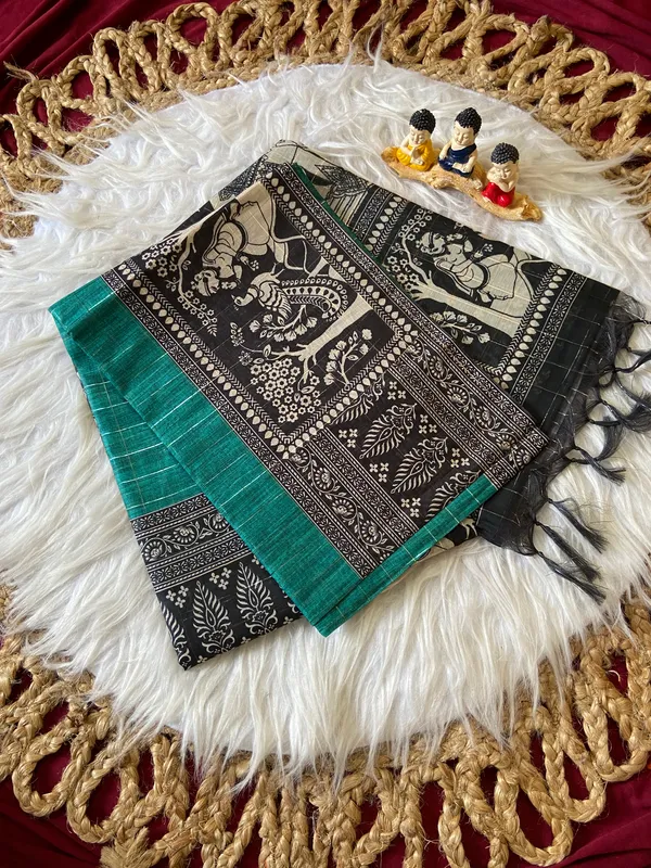 Soft_Semi_Tussar_Silk_sarees_with_Beautiful_Digital_Print_With_Attractive_Border_And_Contrast_Print_Blouse_With_Tassels