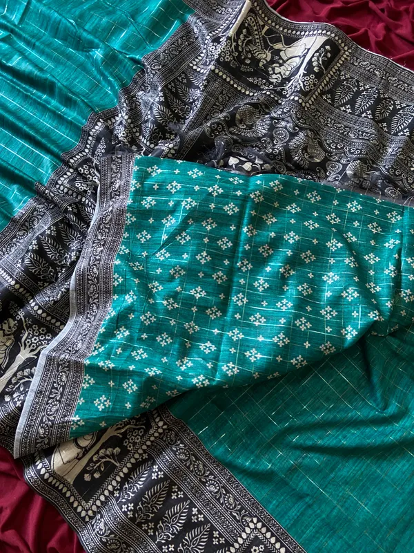 Soft_Semi_Tussar_Silk_sarees_with_Beautiful_Digital_Print_With_Attractive_Border_And_Contrast_Print_Blouse_With_Tassels