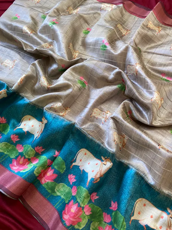 Soft_Semi_Tussar_Silk_sarees_with_Beautiful_Digital_Print_With_Attractive_Border_And_Contrast_Print_Blouse_With_Tassels