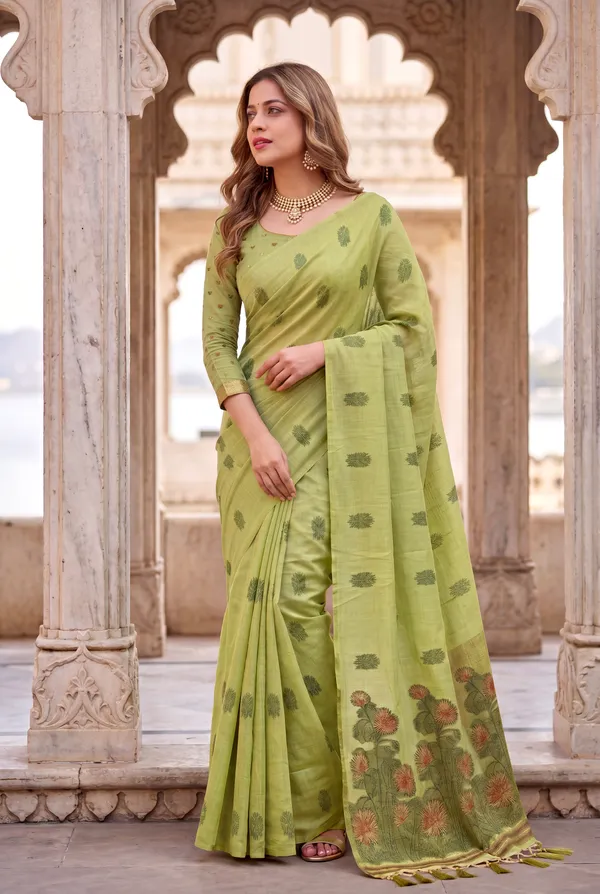 Premium_Soft_Muga_Cotton_sarees_with_Beautiful_?Colourfull_Resham_Weaving__Flower_Design_Pallu_With_Attractive_Traditional_Zari_Weaving__With_All_Over__Resham_Weaving__And_Resham_Weaving_Butti_Blouse_With_Fancy_Tassels