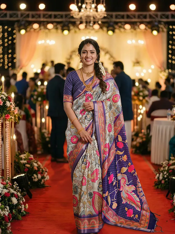 Soft_Tussar_Silk_sarees_with_Beautiful_Digital_Print_With_Attractive_Border_And_Contrast_Print_Blouse_With_Tassels