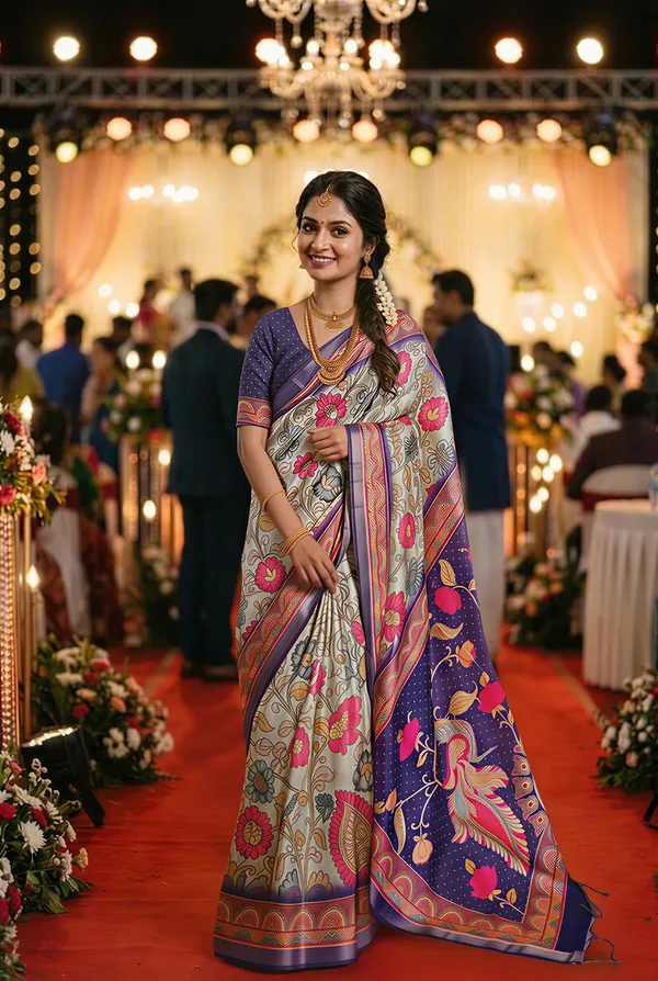 Soft_Tussar_Silk_sarees_with_Beautiful_Digital_Print_With_Attractive_Border_And_Contrast_Print_Blouse_With_Tassels