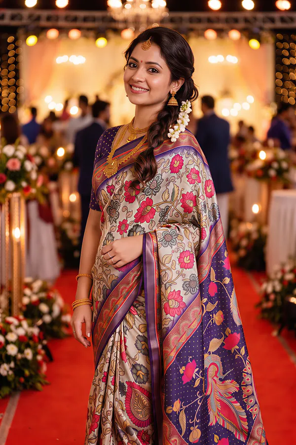 Soft_Tussar_Silk_sarees_with_Beautiful_Digital_Print_With_Attractive_Border_And_Contrast_Print_Blouse_With_Tassels