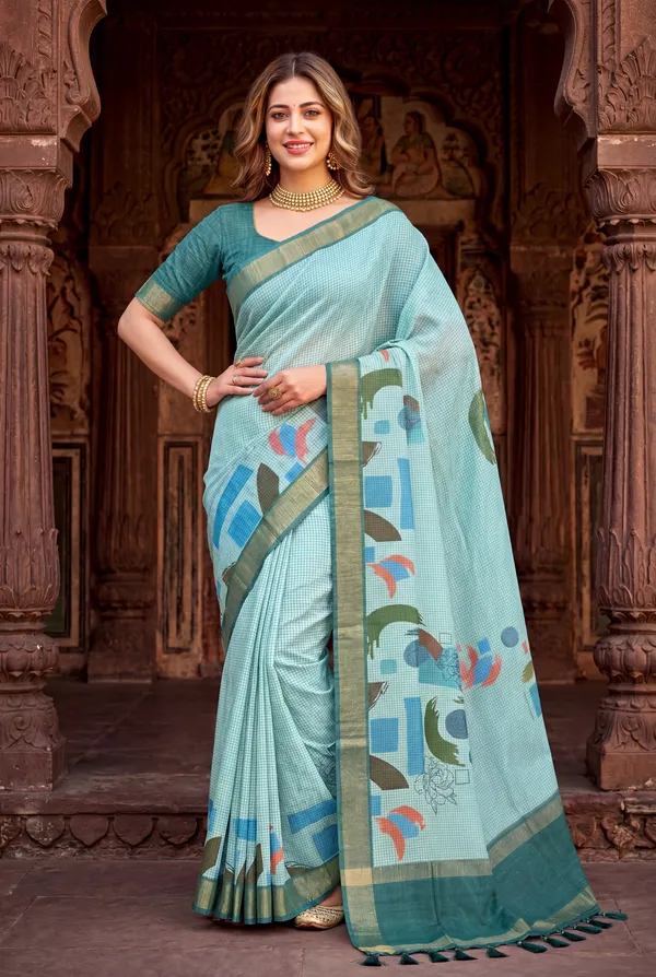 Soft_Tussar_Silk_sarees_with_Beautiful_Digital_Print_With_Attractive_Checks_Design_Saree_And_Digital_Print_Blouse_With_Tassels