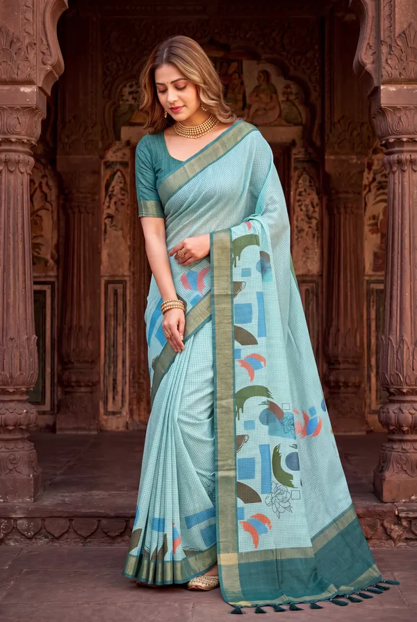 Soft_Tussar_Silk_sarees_with_Beautiful_Digital_Print_With_Attractive_Checks_Design_Saree_And_Digital_Print_Blouse_With_Tassels