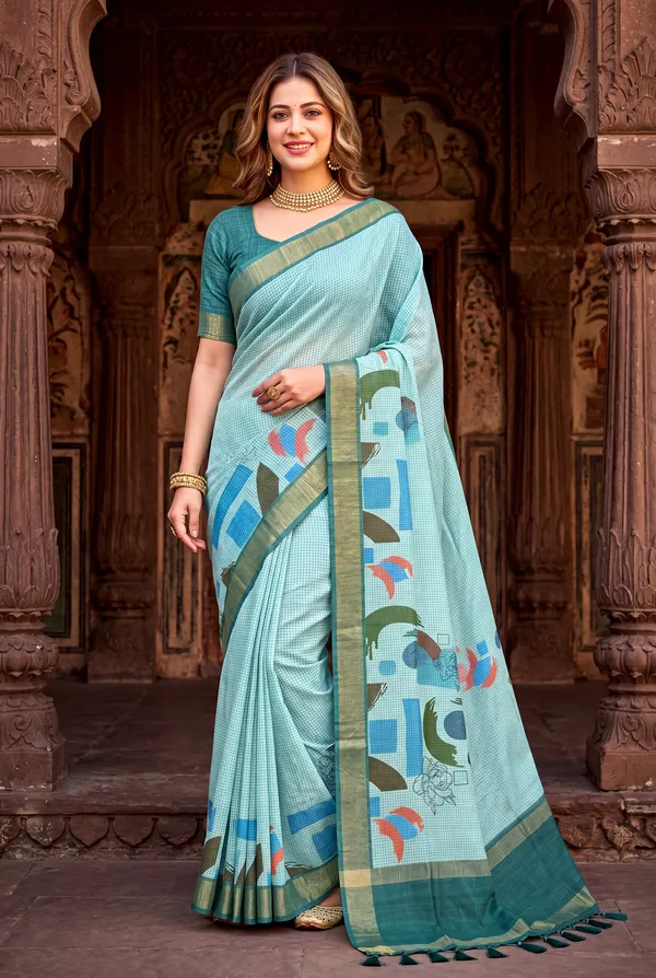 Soft_Tussar_Silk_sarees_with_Beautiful_Digital_Print_With_Attractive_Checks_Design_Saree_And_Digital_Print_Blouse_With_Tassels