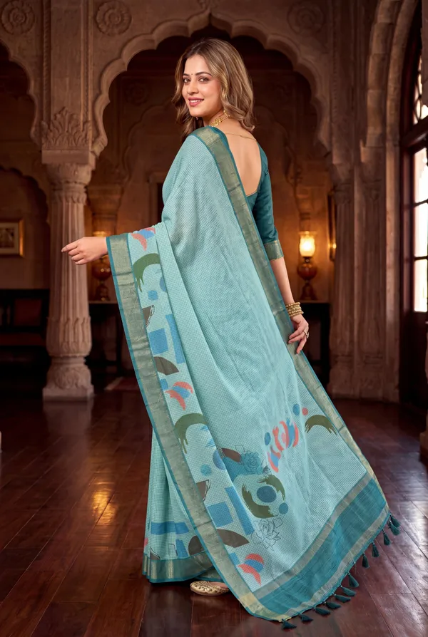 Soft_Tussar_Silk_sarees_with_Beautiful_Digital_Print_With_Attractive_Checks_Design_Saree_And_Digital_Print_Blouse_With_Tassels