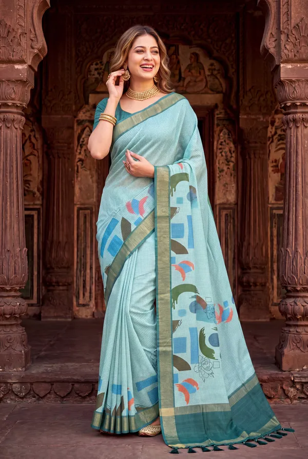 Soft_Tussar_Silk_sarees_with_Beautiful_Digital_Print_With_Attractive_Checks_Design_Saree_And_Digital_Print_Blouse_With_Tassels