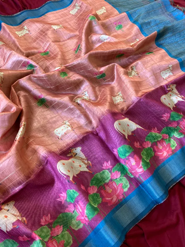 Soft_Semi_Tussar_Silk_sarees_with_Beautiful_Digital_Print_With_Attractive_Border_And_Contrast_Print_Blouse_With_Tassels